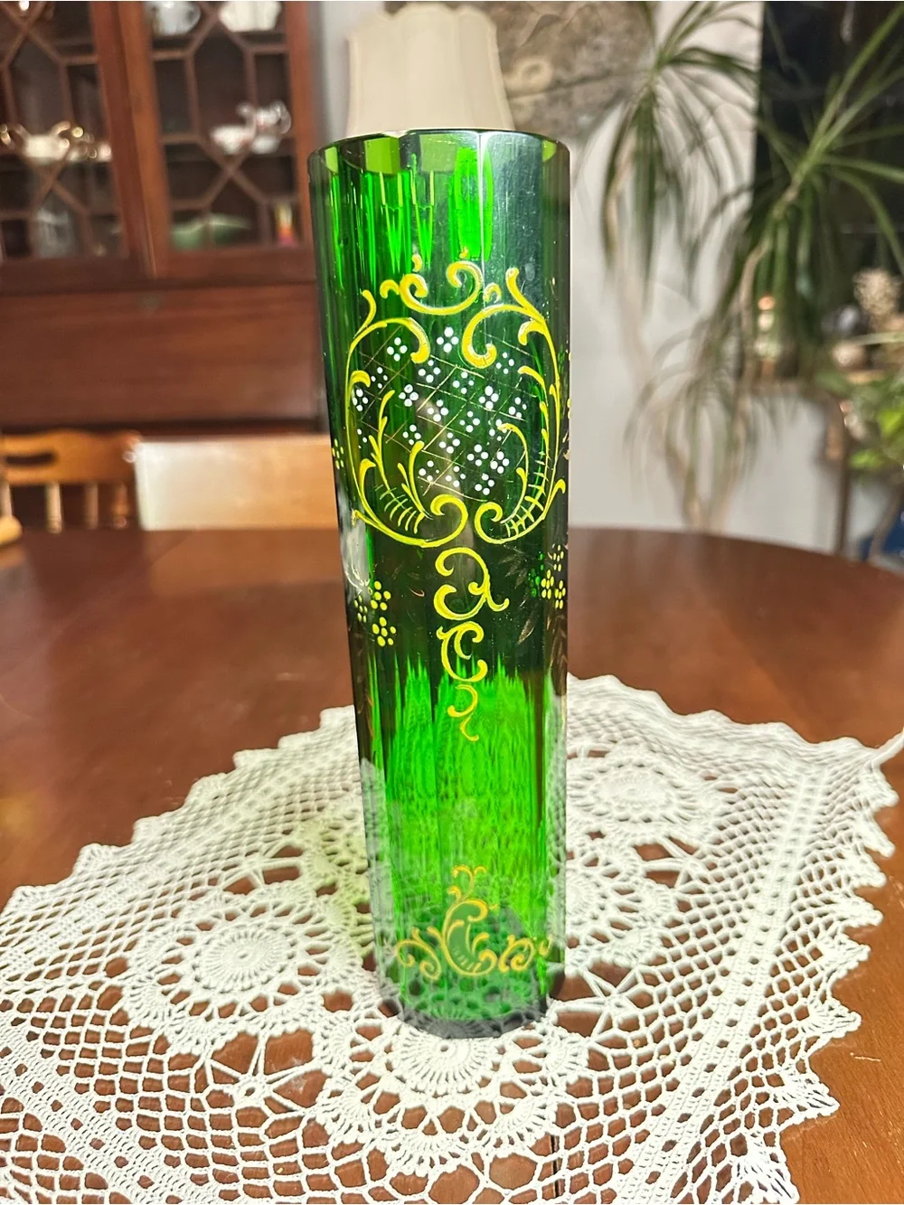 Antique Bohemian Emerald Green Glass Vase Hand Enameled Scrollwork 10”